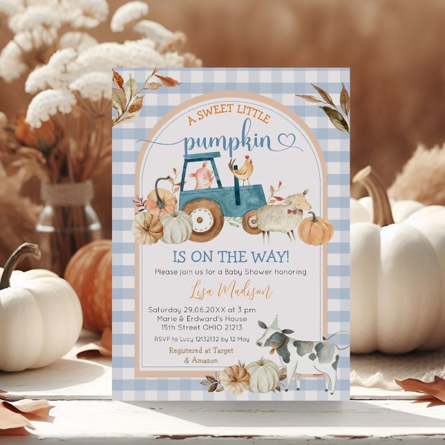 Fall Sweet Little Pumpkin Blue Gingham Baby Shower Inbjudningar (Skapare uppladdad)