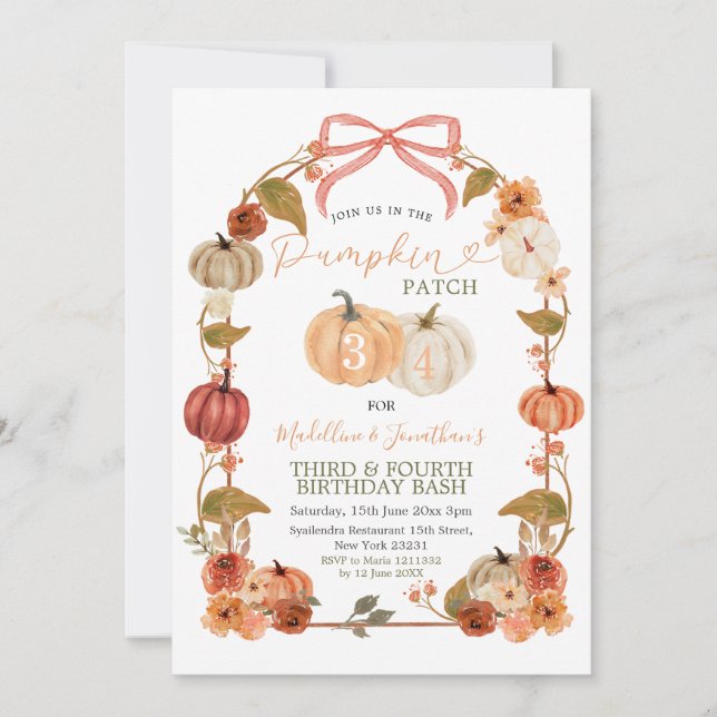 Fall Syskon Pumpkin Patch Gingham Birthday Inbjudningar (Framsida)