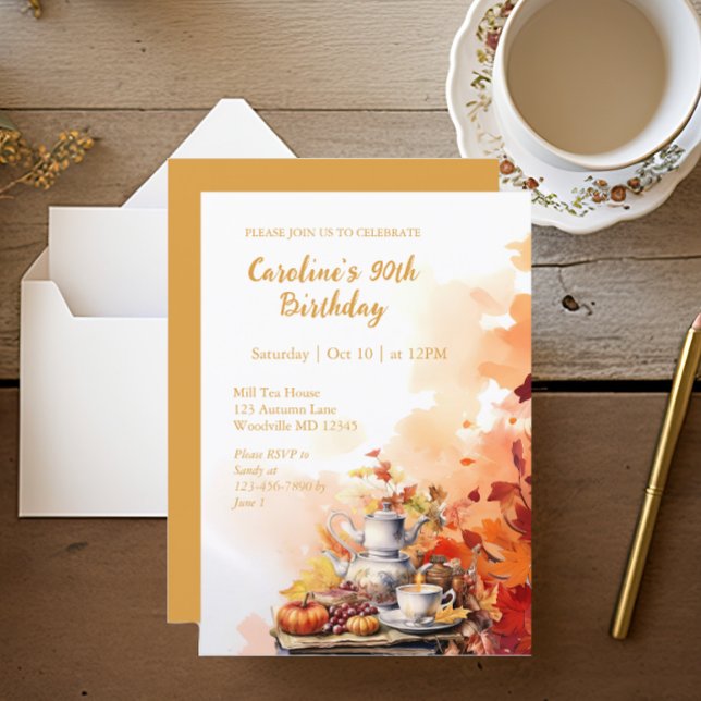 Fall Tea Party Elegant 90:e födelsedag Inbjudningar (Skapare uppladdad)