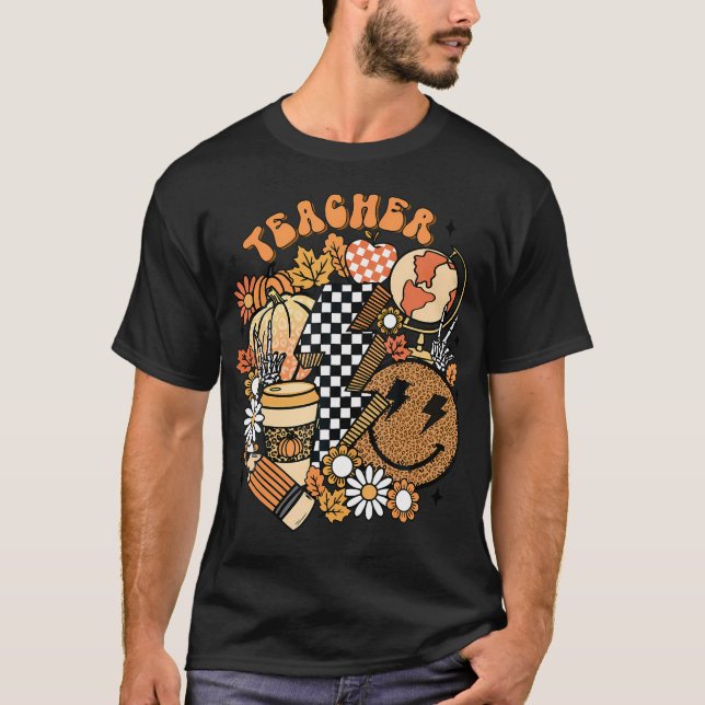 Fall Teacher Retro Teacher Life Autumn Thanksgiven T Shirt (Framsida)