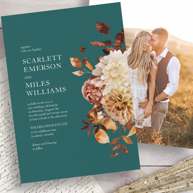 Fall Teal Bröllop Inbjudningar (Fall Teal Floral Photo Wedding Invitation by Painted Paperie
)