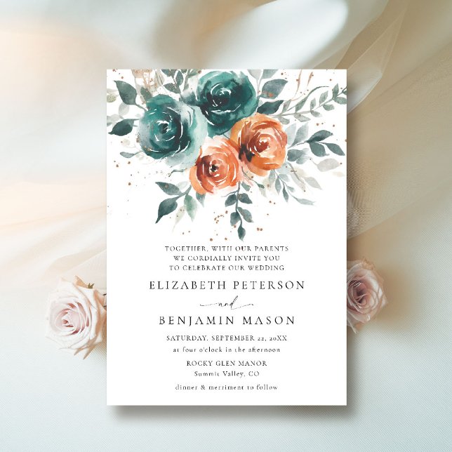 Fall Teal Burnt Orange Blommigt Böhmen Bröllop Inbjudningar (fall wedding invitation teal burnt orange terracotta watercolor whimsical floral elegant boho)