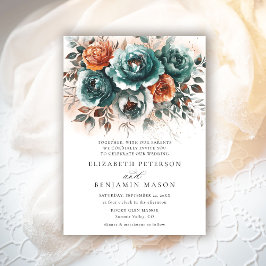 Fall Teal Burnt Orange Blommigt Bouquet Bröllop Inbjudningar