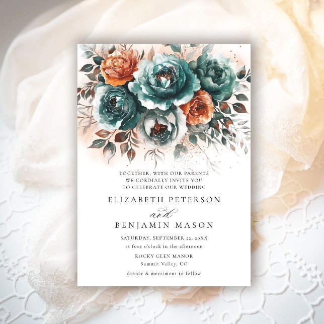 Fall Teal Burnt Orange Blommigt Bouquet Bröllop Inbjudningar (fall wedding invitation teal burnt orange terracotta watercolor whimsical floral elegant rustic chic)