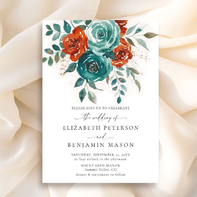 Fall Teal Burnt Orange Blommigt Elegant bröllop Inbjudningar (fall wedding invitation teal burnt orange terracotta watercolor floral botanical earthy garden chic)