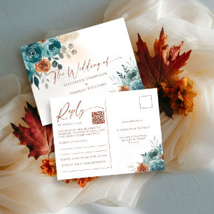 Fall Teal Burnt Orange Boho Romantic QR Code OSA Vykort