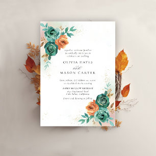 Fall Teal Burnt Orange Botaniska Blommigten Bröllo Inbjudningar