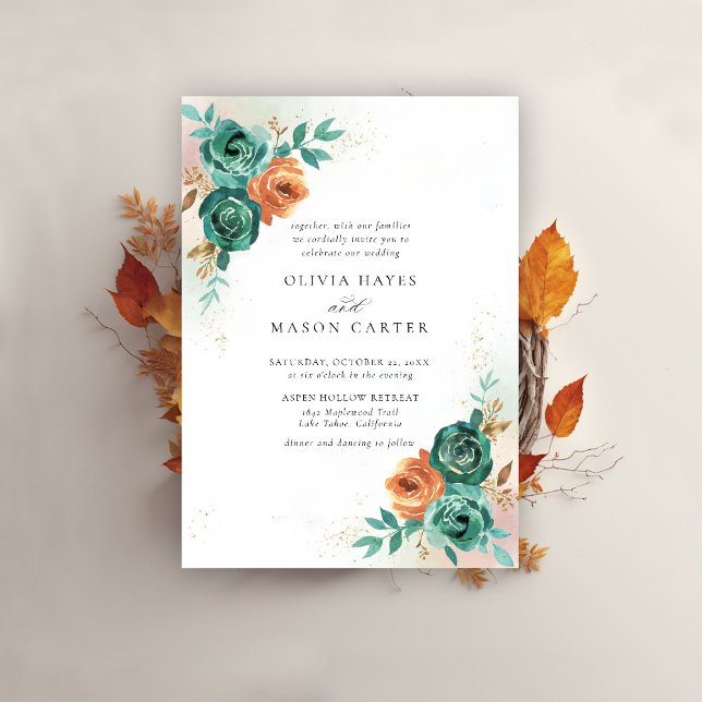 Fall Teal Burnt Orange Botaniska Blommigten Bröllo Inbjudningar (fall wedding invitation teal burnt orange terracotta watercolor floral botanical earthy nature)