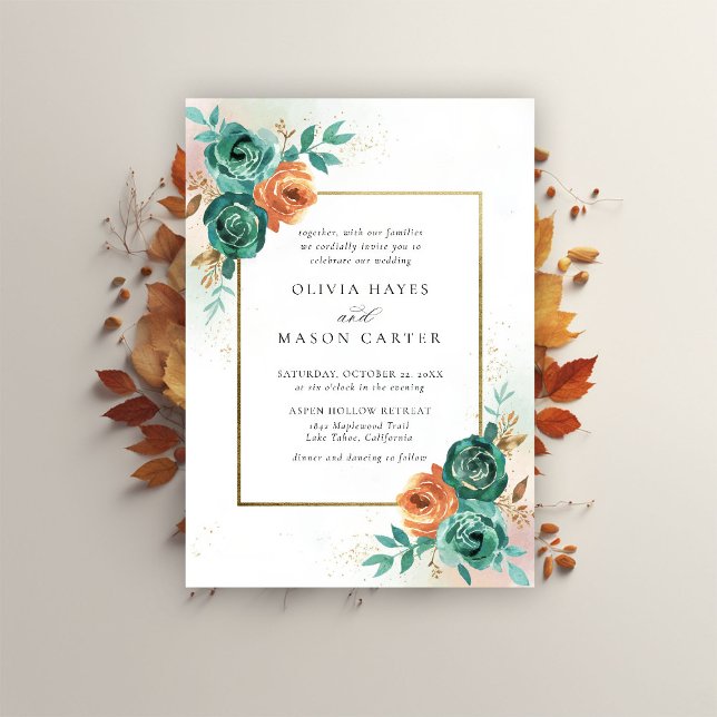 Fall Teal Burnt Orange Botaniska Ram Bröllop Inbjudningar (fall wedding invitation teal burnt orange terracotta watercolor floral botanical earthy nature gold )