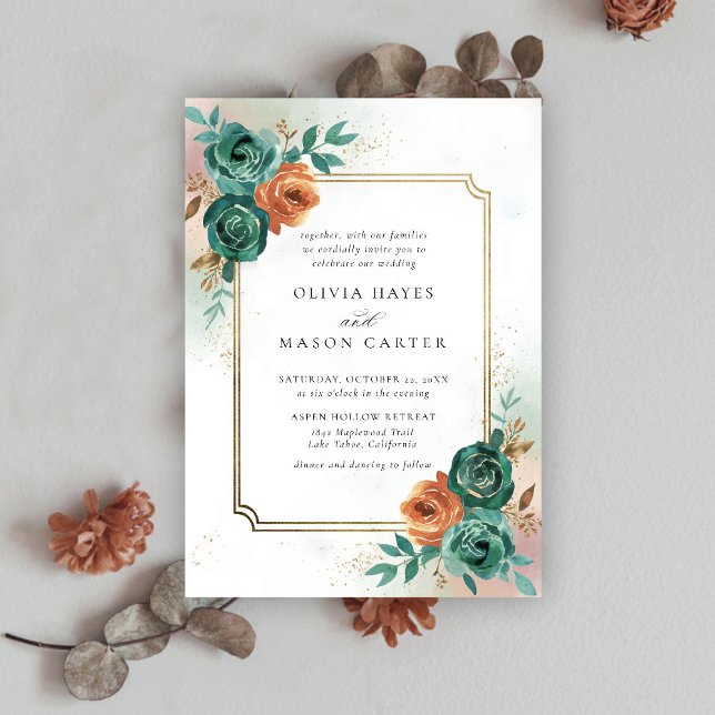 Fall Teal Burnt Orange Elegant Guld Ram Bröllop Inbjudningar (fall wedding invitation teal burnt orange terracotta watercolor floral botanical earthy nature frame)