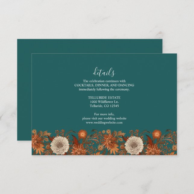 Fall Teal Watercolor Terracotta Blommigt bröllop Tilläggskort (Fram/baksida)