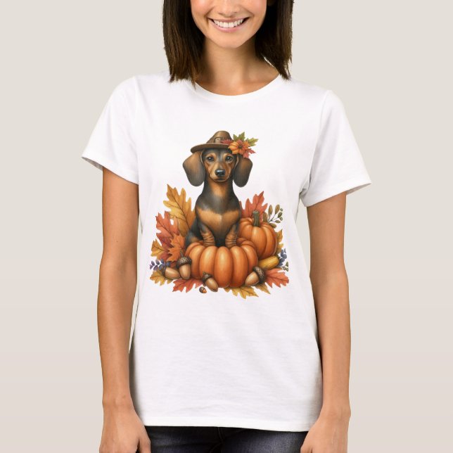 FALL TEMAD DACHSHUND HUND MED PUMPKINER T SHIRT (Framsida)