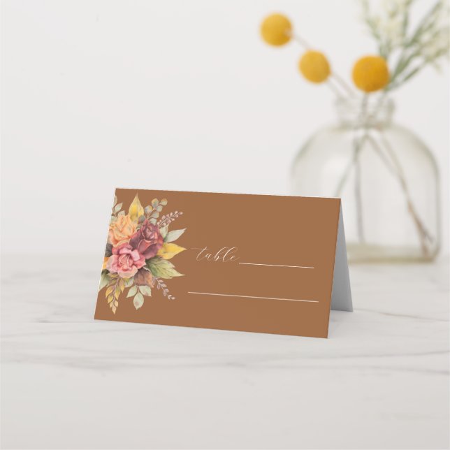 Fall Terracotta Boho Blommigt Rustic Bröllop Placeringskort (Framsida)