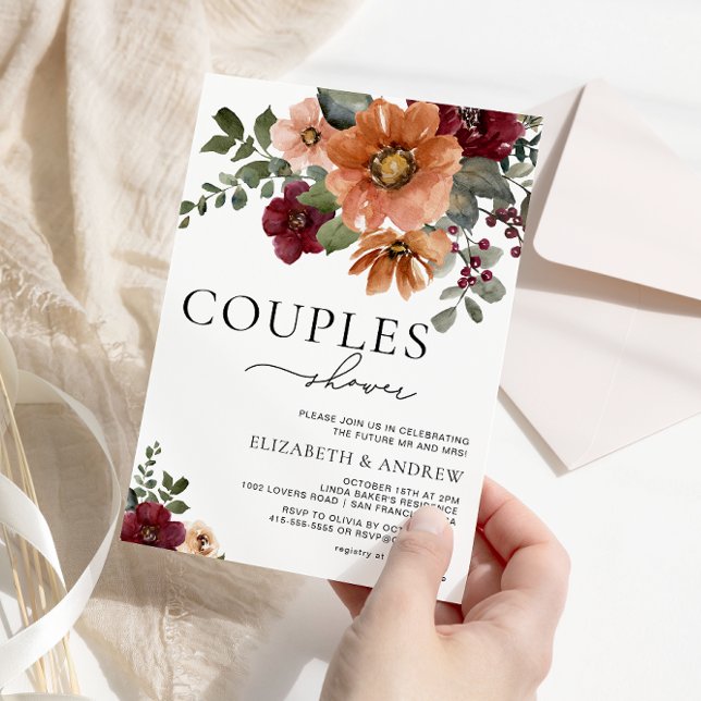 Fall Terracotta Burgundy Blommigt Par Shower Inbjudningar (Skapare uppladdad)