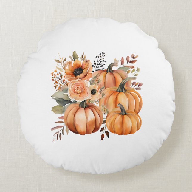 Fall Thanksgiving Boho vattencolor Pumpkin-Blommig Rund Kudde (Framsidan)