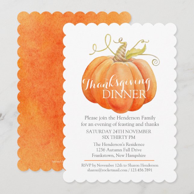 Fall thanksgiving middag inbjudan vattenfärgspumpa (Fram/baksida)