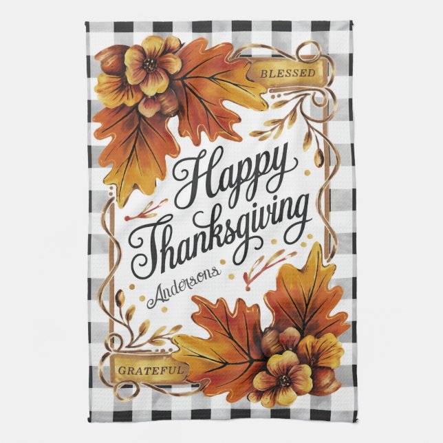 Fall Thanksgiving Oak Lövs Gingham Anpassningsbar Kökshandduk (Vertikal)