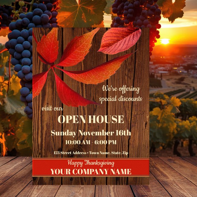 Fall Thanksgiving Open House Company Inbjudan Vykort (Fall, autumn or Thanksgiving announcement or invitation postcard with colorful leaves on rustic wood)