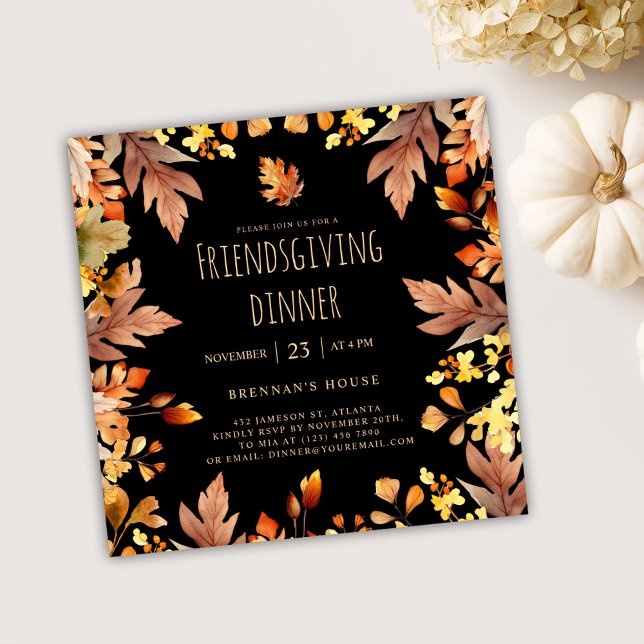 Fall Thanksgiving Rustic Friendsgiving-middag Inbjudningar (Black Elegant Friendsgiving Dinner Invitation)