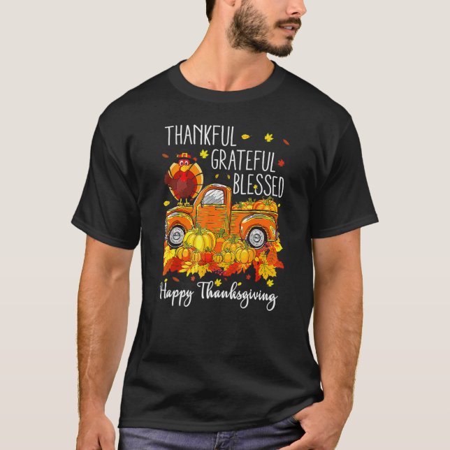Fall Thanksgiving Turkey Pilgrim Thankful Grateful T Shirt (Framsida)