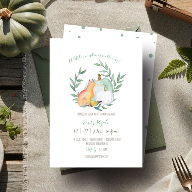 Fall Théed Fox och Pumpkin Baby Shower Inbjudningar (Gender neutral baby shower invitations fall woodland fox green and what pumpkin greenery watercolor)