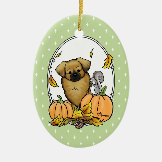 Fall Tibetansk spanjor (Brown) Hund Pumpkins Cute Julgransprydnad Keramik (Framsidan)