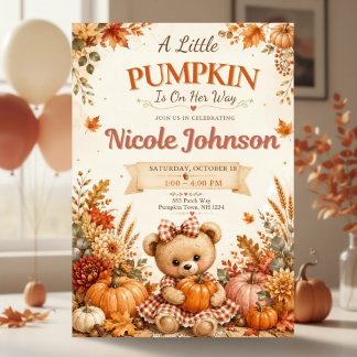Fall Tjej Baby Shower Liten Pumpa Teddybjörn Inbjudningar