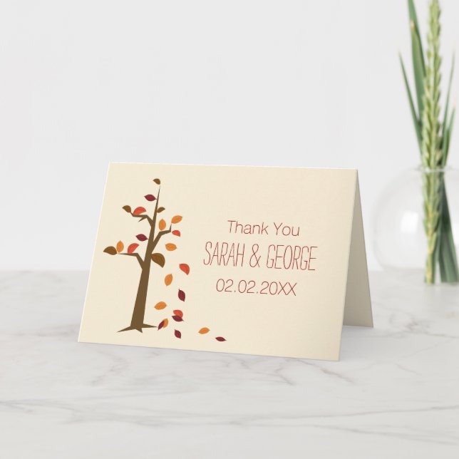 Fall, träd faller bröllopsdag Tack Kort (Framsida)