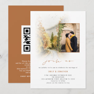 Fall Träd Photo QR Går med oss Terracotta Bröllop Inbjudningar