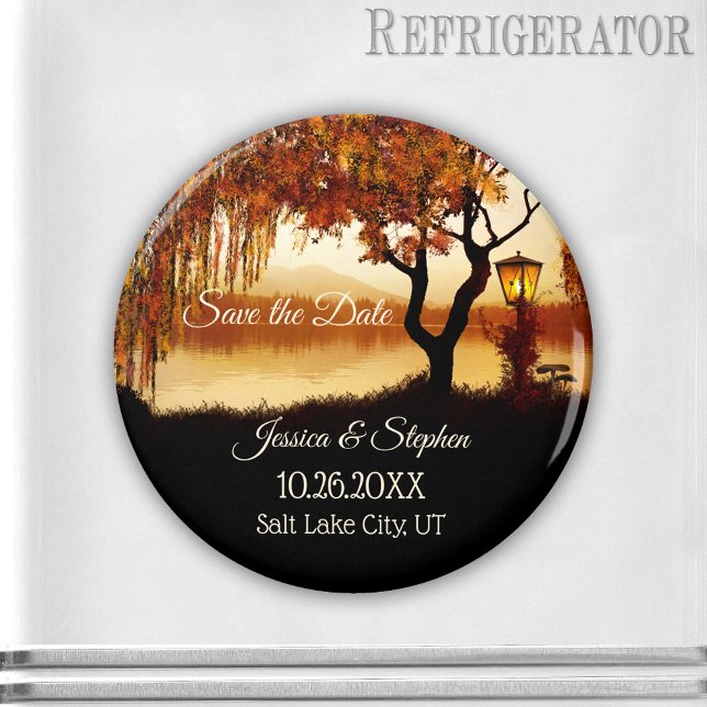 Fall Träd Sjö, Spara datum magneter (A fall Save the Date magnet featuring a colorful autumn tree and festive lantern overlooking a lake.)