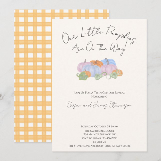 Fall Twin Gender avslöjar ett litet pumptema Inbjudningar (Fram/baksida)