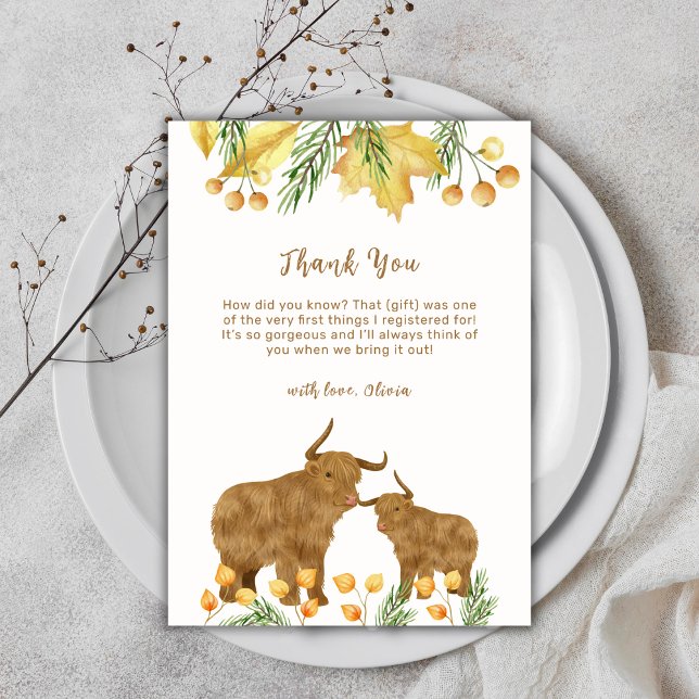 Fall Vår Boho Highland Cow Baby Shower Tack Kort (Fall Spring Boho Highland Cow Baby Shower Thank You Card)