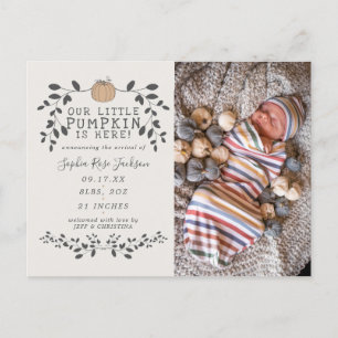 Fall vår lilla Pumpkin Birth Baby-kungörelse Vykort