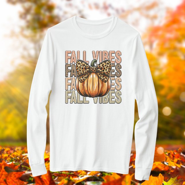 Fall Vibes Leopard Bow Pumpkin Långärmad Tshirt T Shirt (Skapare uppladdad)
