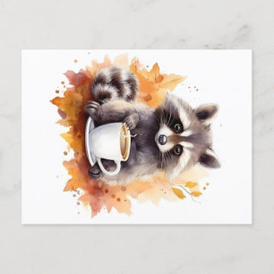 Fall vibes Raccoon med kopp på kaffe Vykort