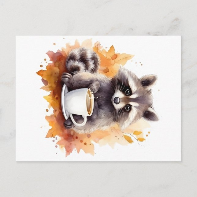 Fall vibes Raccoon med kopp på kaffe Vykort (Framsida)