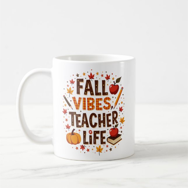 Fall Vibes Teacher Life - Retro Cute Personlig Kaffemugg (Vänster)