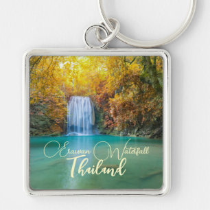 Fall View of Erawan Waterfall Thailand Fyrkantig Silverfärgad Nyckelring