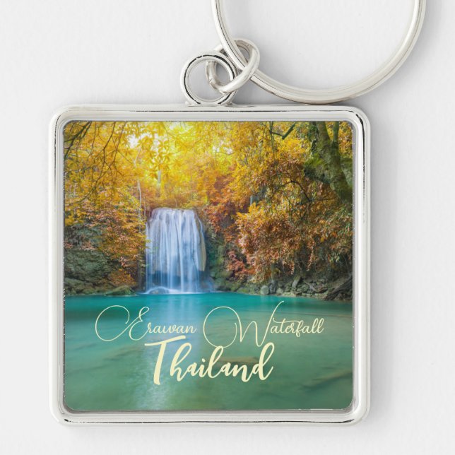 Fall View of Erawan Waterfall Thailand Fyrkantig Silverfärgad Nyckelring (Framsidan)