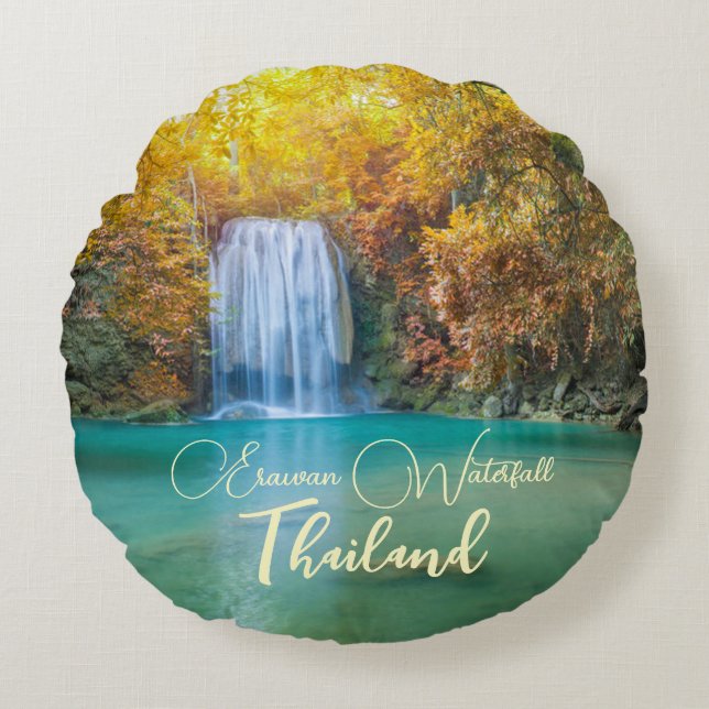 Fall View of Erawan Waterfall Thailand Rund Kudde (Framsidan)