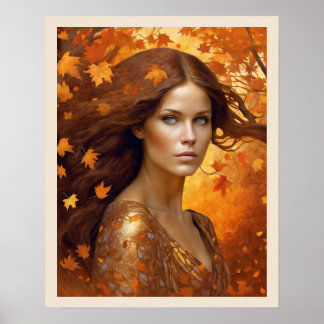 Fall Vind Kvinna i Orange Löv Blue Ögon Woman Poster