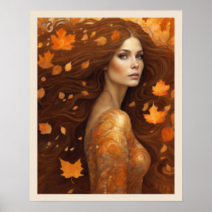 Fall Vind Kvinna i Orange Lövs Art Nuevo-utskrift Poster