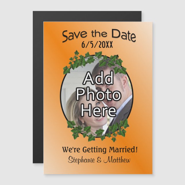 Fall Vines Save the Date with Photograph Magnetisk Inbjudningskort (Fram/baksida)