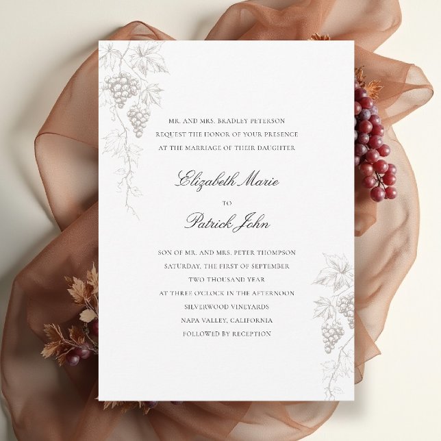 Fall Vineyard Winery Modern Classic Pärlbröllop Inbjudningar (fall vineyard wedding invitation winery grapevine formal modern classic black tie pearl white)