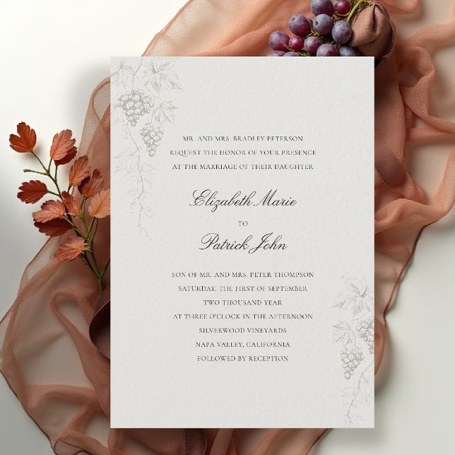 Fall Vineyard Winery Modern Klassisk Ecru Bröllop Inbjudningar (fall vineyard wedding invitation winery grapevine formal modern classic black tie ecru faux embossed)