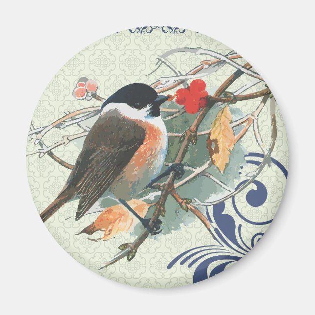 Fall Vintage Cute Bird Sitta på Gren Magnet (Framsidan)