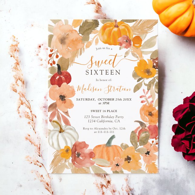 Fall Warm Boho pumpkin blommigt Sweet 16 födelseda Inbjudningar (Fall Warm Boho pumpkin floral Sweet 16 birthday Invitation)