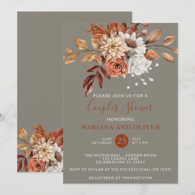 Fall Watercolor Blommigt Grått Par Shower Inbjudningar (Fram/baksida)