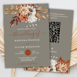 Fall Watercolor Blommigt Grått QR CodeWedding Inbjudningar