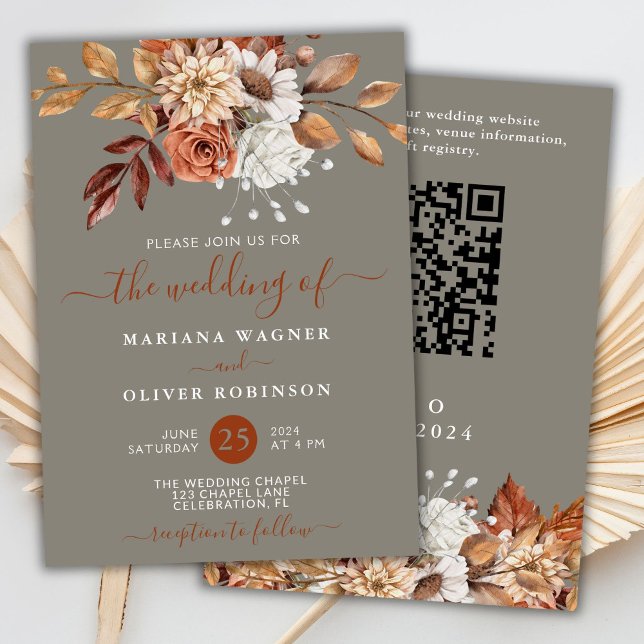 Fall Watercolor Blommigt Grått QR CodeWedding Inbjudningar (Skapare uppladdad)